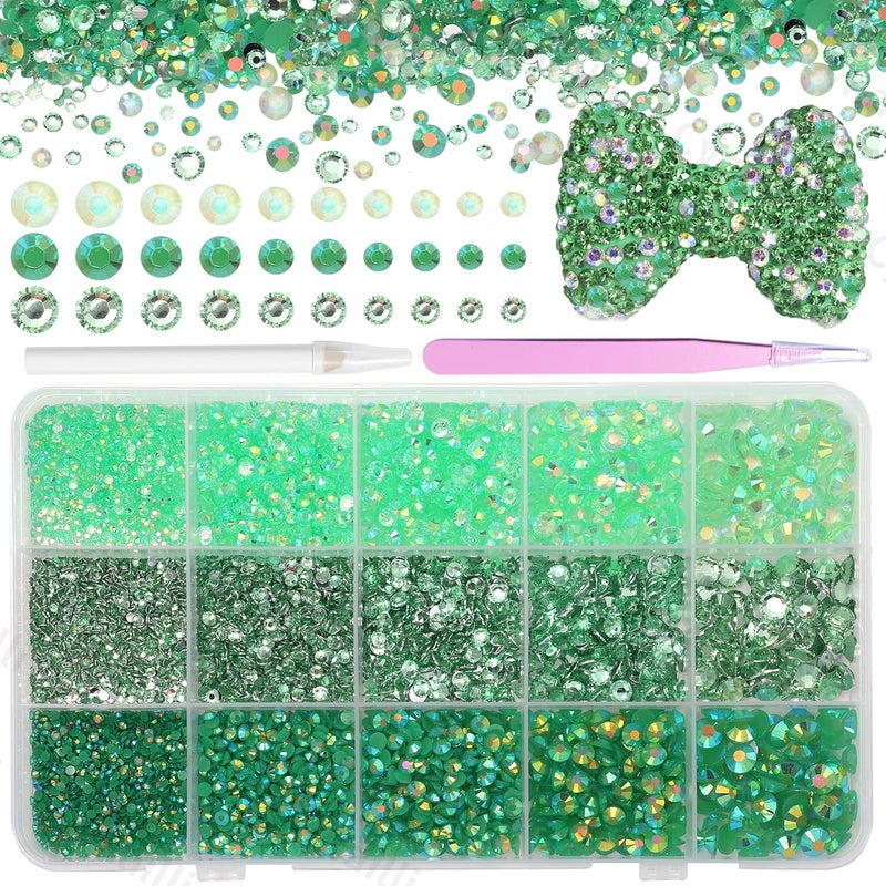 Cynailli 15000 Pcs Green Resin Rhinestones for Crafts, Flatback Resin Rhinestones for Bedazzling Gems 2/3/4/5/6mm Flatback Gems Jewels for DIY Mugs Tumblers Bottles Clothing Shoes Nail Art - Image 1
